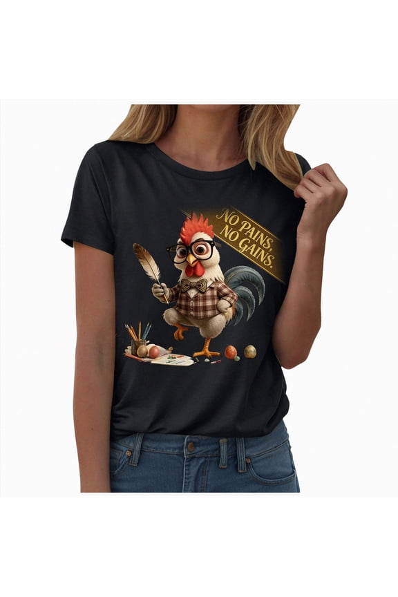 Tops for Women Casual Round Neck Rooster Funny Chicken Art Short Sleeve Loose Fit Summer Tee Shirts