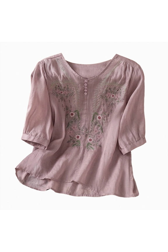 Tunic Tops Button Down Blouses Embroidered Tops Cotton Linen Shirts Ethnic Style 3/4 Sleeve Blouses V Neck Casual Tops Custom Embroidered Blouse Simple Tops Fitted Tops