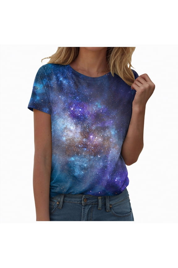 Women T Shirts Galaxy Starry Sky Print Short Sleeve Tee Loose Tee Regular Tops Summer Casual Blouses