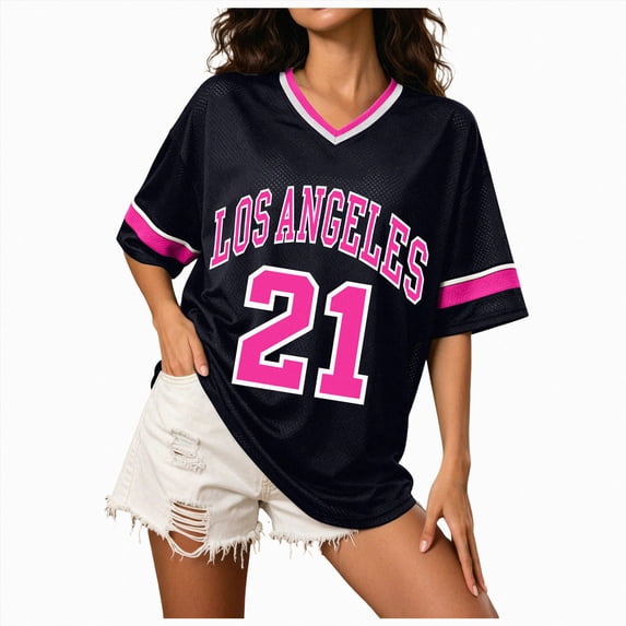 Paguaki Women's Loose Fit Short Sleeve Football Jersey Inspired V-Neck Graphic Top Tee Trendy Sportswear for Casual Wear