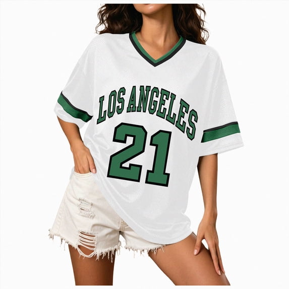 Paguaki Women's Loose Fit Short Sleeve Football Jersey Inspired V-Neck Graphic Top Tee Trendy Sportswear for Casual Wear