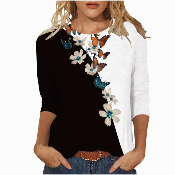 Paguaki Womens 3/4 Sleeve Summer Shirts Trendy Elbow Length Tops Floral Blouses T Shirts Dressy Causal Clothes Floral Print Tshirts