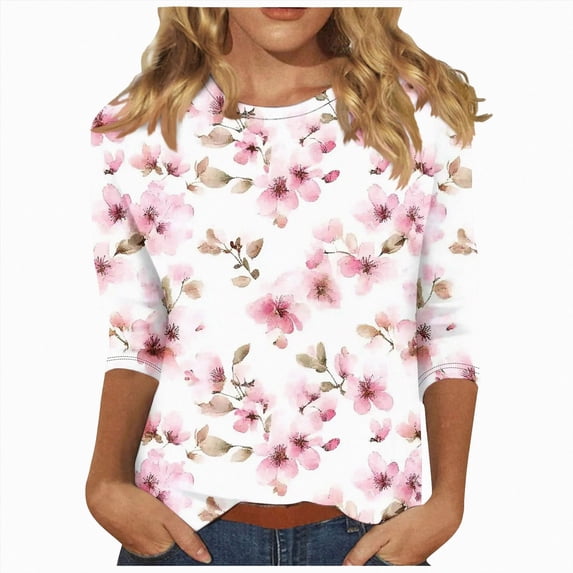 Paguaki Womens 3/4 Sleeve Summer Shirts Trendy Elbow Length Tops Floral Blouses T Shirts Dressy Causal Clothes Floral Print Tshirts