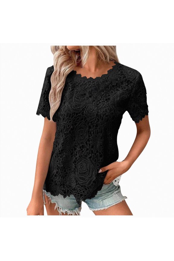 Womens Casual Tee Tops Women's Lace Top Crochet Crew Neck Short Sleeve Summer Loose Tee T Shirt Stylish Tee Shirts