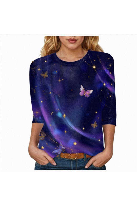 Womens Dreamy Galaxy Blouses Starry Sky Print 3/4 Sleeve Crew Neck Loose Fit Casual Summer Tops
