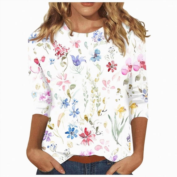Paguaki Womens Floral Print 3/4 Sleeve Tunic Top Crewneck Blouse Soft Breathable Lightweight Casual Everyday T Shirts