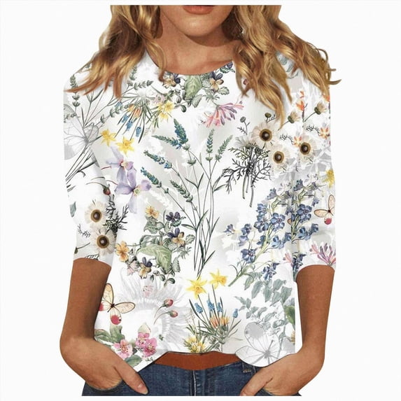 Paguaki Womens Floral Print 3/4 Sleeve Tunic Top Crewneck Blouse Soft Breathable Lightweight Casual Everyday T Shirts