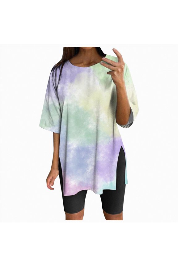 Womens Oversized Tie Dye Tops Gradient Ombre Side Slit Crew Neck Short Sleeve Summer Caual Blouses