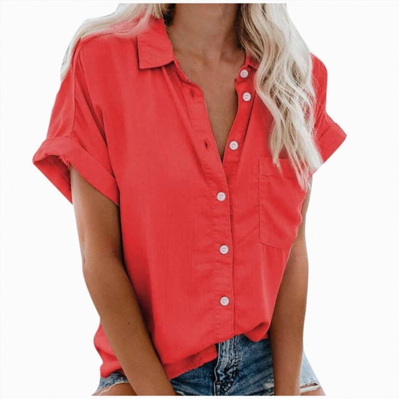 Paguaki Womens Short Sleeve Button Down Shirts Chest Pocket V Neck Collared Loose Fit Casual Summer Tops Soft Breathable Cotton Tees