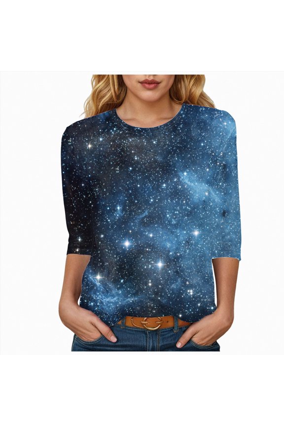 Womens Spring Summer Tops Galaxy Print Starry Sky 3/4 Sleeve Crew Neck Loose Fit Casual Blouses