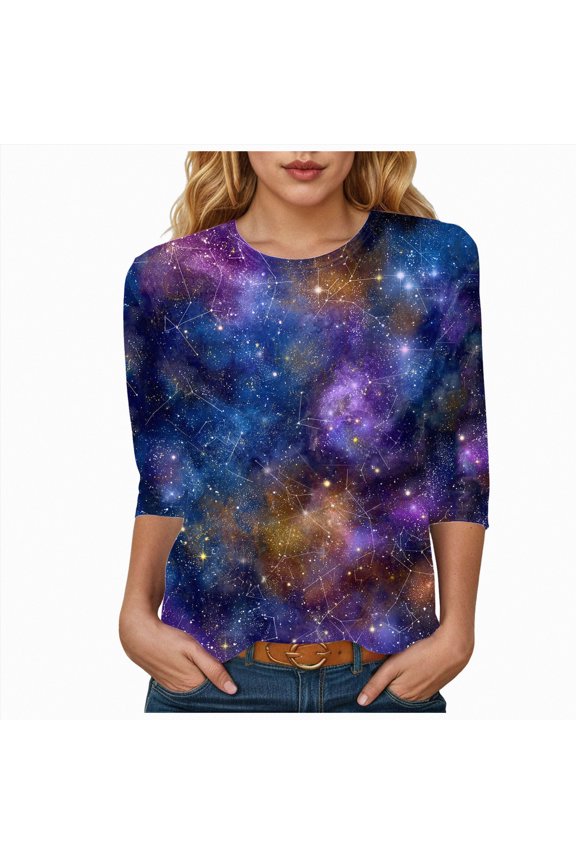 Womens Spring Summer Tops Galaxy Print Starry Sky 3/4 Sleeve Crew Neck Loose Fit Casual Blouses