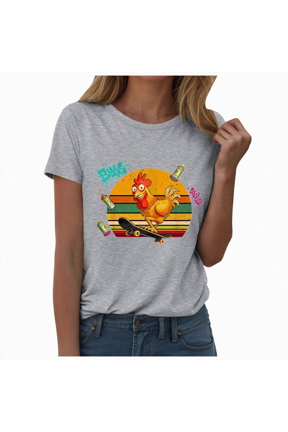 Womens T Shirts Casual Round Neck Rooster Funny Chicken Print Short Sleeve Loose Fit Summer Tops