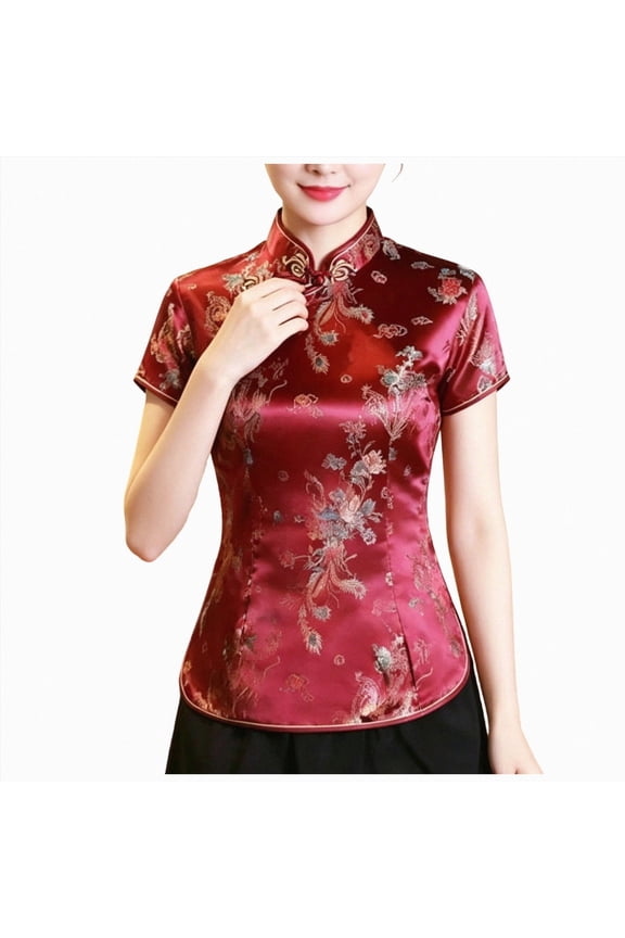 Womens Tops Qipao Cheongsam Short Sleeve Mandarin Dragon Print Traditional Chinese Ethnic T Shirts