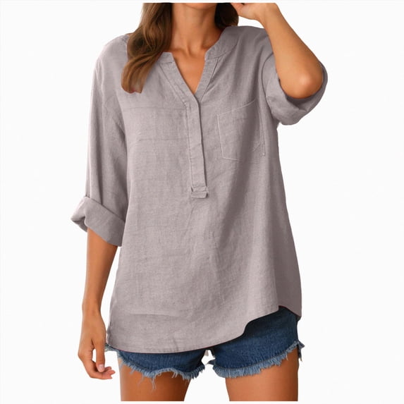 Paguaki Womens Tops V Neck Mid Length Sleeve Top Summer Top for Women Dressy Casual Solid Color Casual Blouse Shirt Top