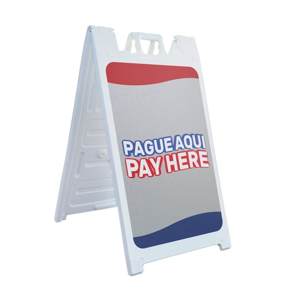 Pague Aqui 24" x 36" Double Sided A-Frame Sidewalk Sign, Includes 2 Plastic Inserts | Foldable Portable White Signicade Sandwich Board Signs