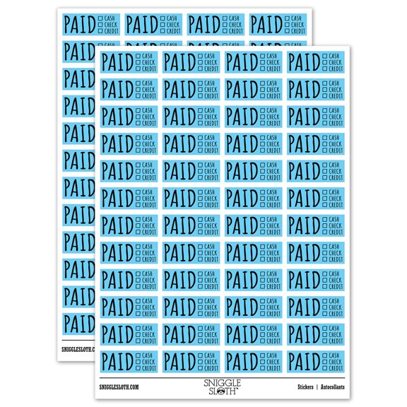 Paid Details Cash Check Credit Invoice Sticker Set - Light Blue - Gloss Finish - 1.25" Mini