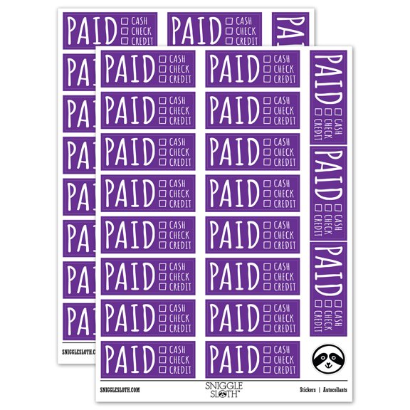 Paid Details Cash Check Credit Invoice Sticker Set - Purple - Matte Finish - 2.00" Large