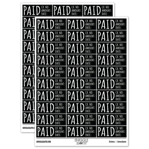 Paid Details Check Number Amount Date Invoice Sticker Set - Black - Gloss Finish - 1.75" Medium