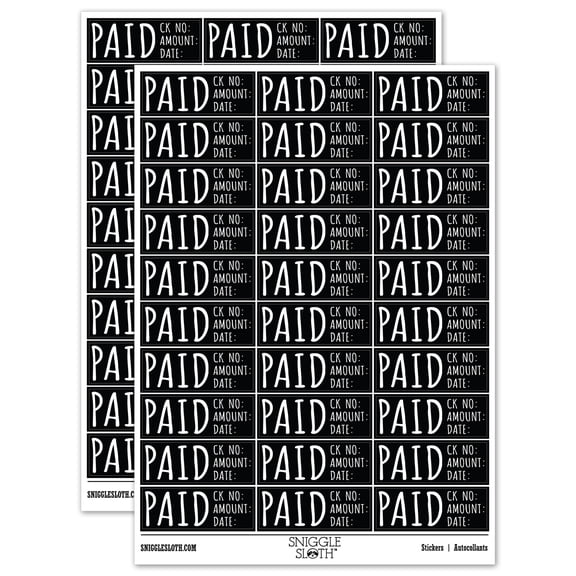 Paid Details Check Number Amount Date Invoice Sticker Set - Black - Gloss Finish - 1.75" Medium