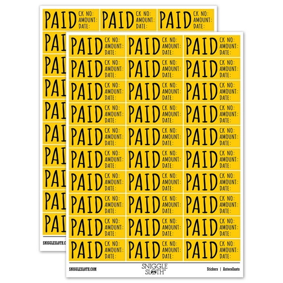 Paid Details Check Number Amount Date Invoice Sticker Set - Yellow - Gloss Finish - 1.75" Medium