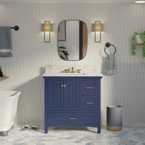 Paige 36" Bathroom Vanity with Royal Blue Cabinet and Carrara Marble Top