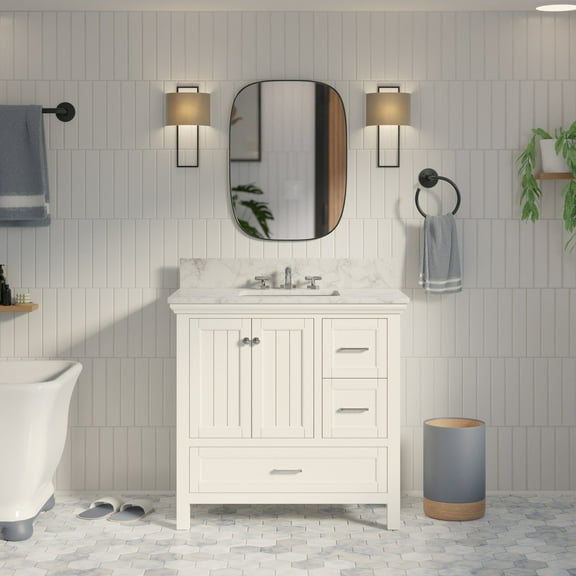 Paige 36" Bathroom Vanity with White Cabinet and Carrara Marble Top