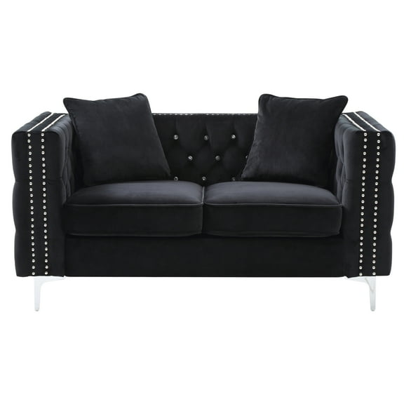Paige 63" Black Tufted Velvet Loveseat With 2-Throw Pillows