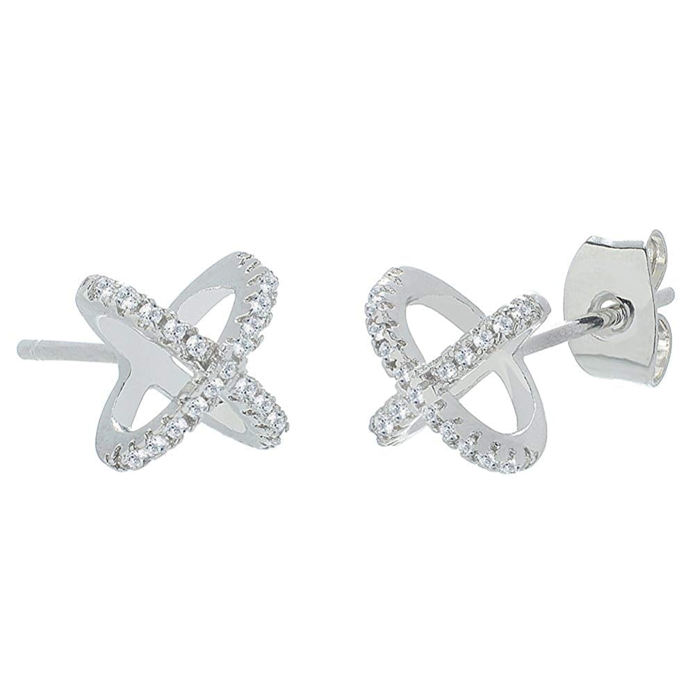 Cate & Chloe Paige 18k White Gold Plated Stud Earrings for Women, Silver Cubic Zirconia Cross Earrings