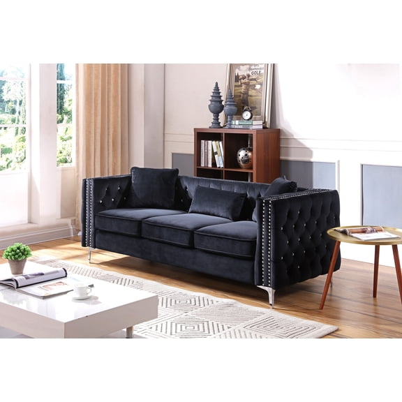 Paige G828A-S Black Velvet 3-Seater Sofa with Faux Diamond Tufting &amp; Chrome Legs | KD Design for Small Spaces | 86"W x 34"D | Durable Kiln-Dried Hardwood Frame