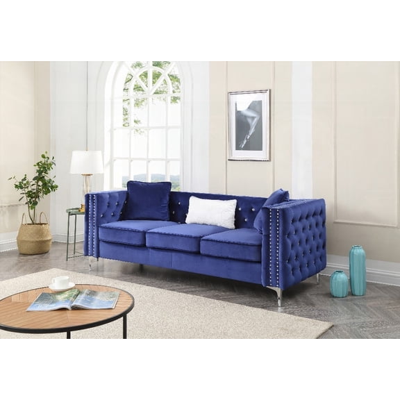 Paige G829A-S Sofa with Tufted Design & Chromed Steel Legs, BLUE