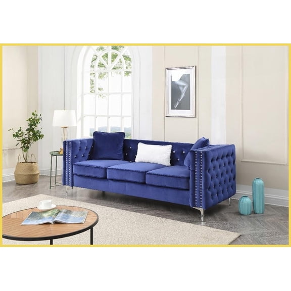Paige Modern Glam Blue Sofa – Tufted Design, Kiln-Dried Hardwood Frame & KD Design for Small Spaces