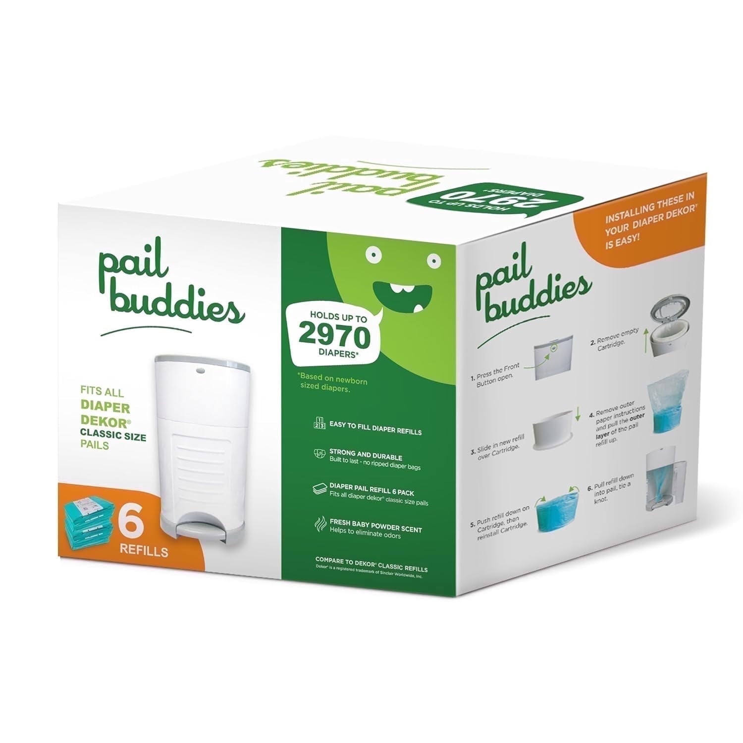 Pail Buddies Diaper Pail Refills for Dekor Classic, 6-Pack Refill Bags, Holds Up to 2,970 Diapers, Strong Disposable Liners with Odor Control, Baby Powder Scent