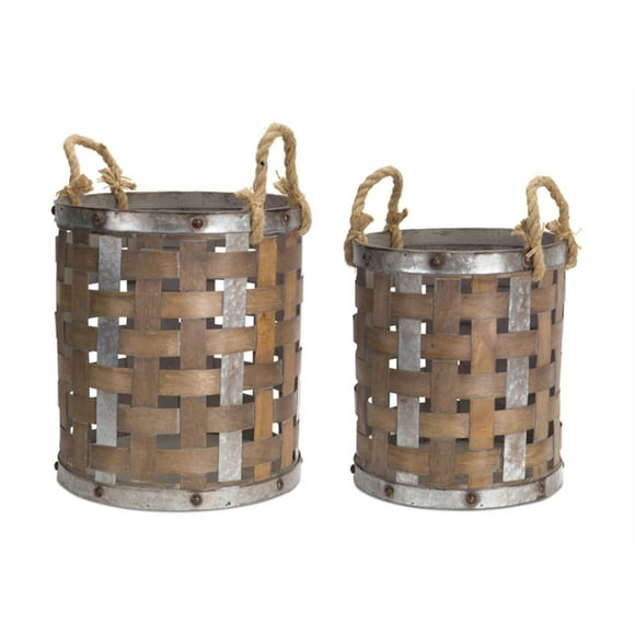 Pail With Rope Handle (Set Of 2) 15.5"H, 18"H Wood, Metal