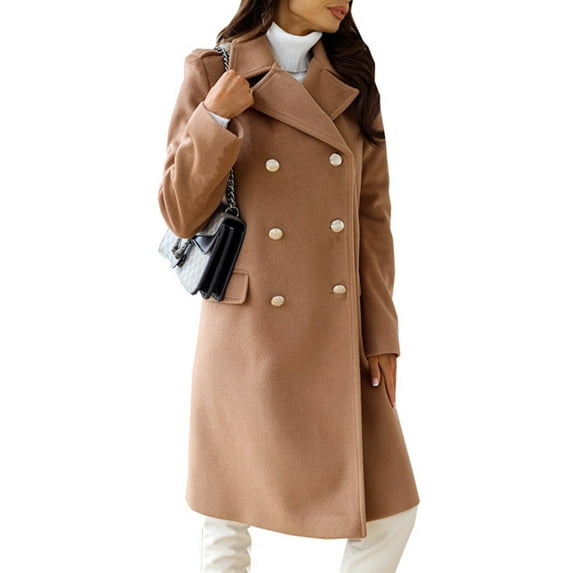 Paille Ladies Double Breasted Casual Wool Pea Coat Elegant Winter Trench Coats Notch Lapel Work Overcoats Cardigan Khaki L