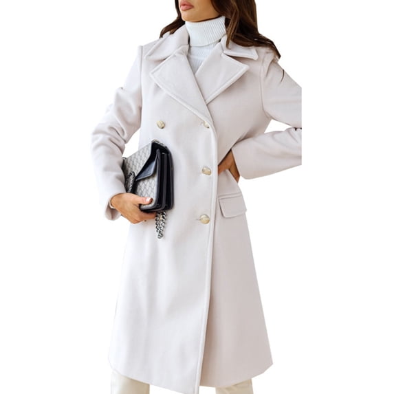 Paille Ladies Double Breasted Casual Wool Pea Coat Elegant Winter Trench Coats Notch Lapel Work Overcoats Cardigan White XL