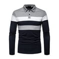 thumbnail image 1 of Paille Men Striped Splicing Polo Shirt Long Sleeve Lapel Neck Tops Button Up Color Block Shirt, 1 of 2