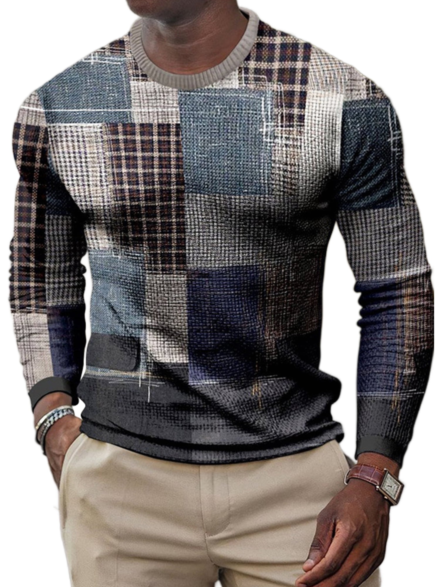 Paille Men's Long Sleeve Fashion Geometric Print T Shirts Regular Fit ...