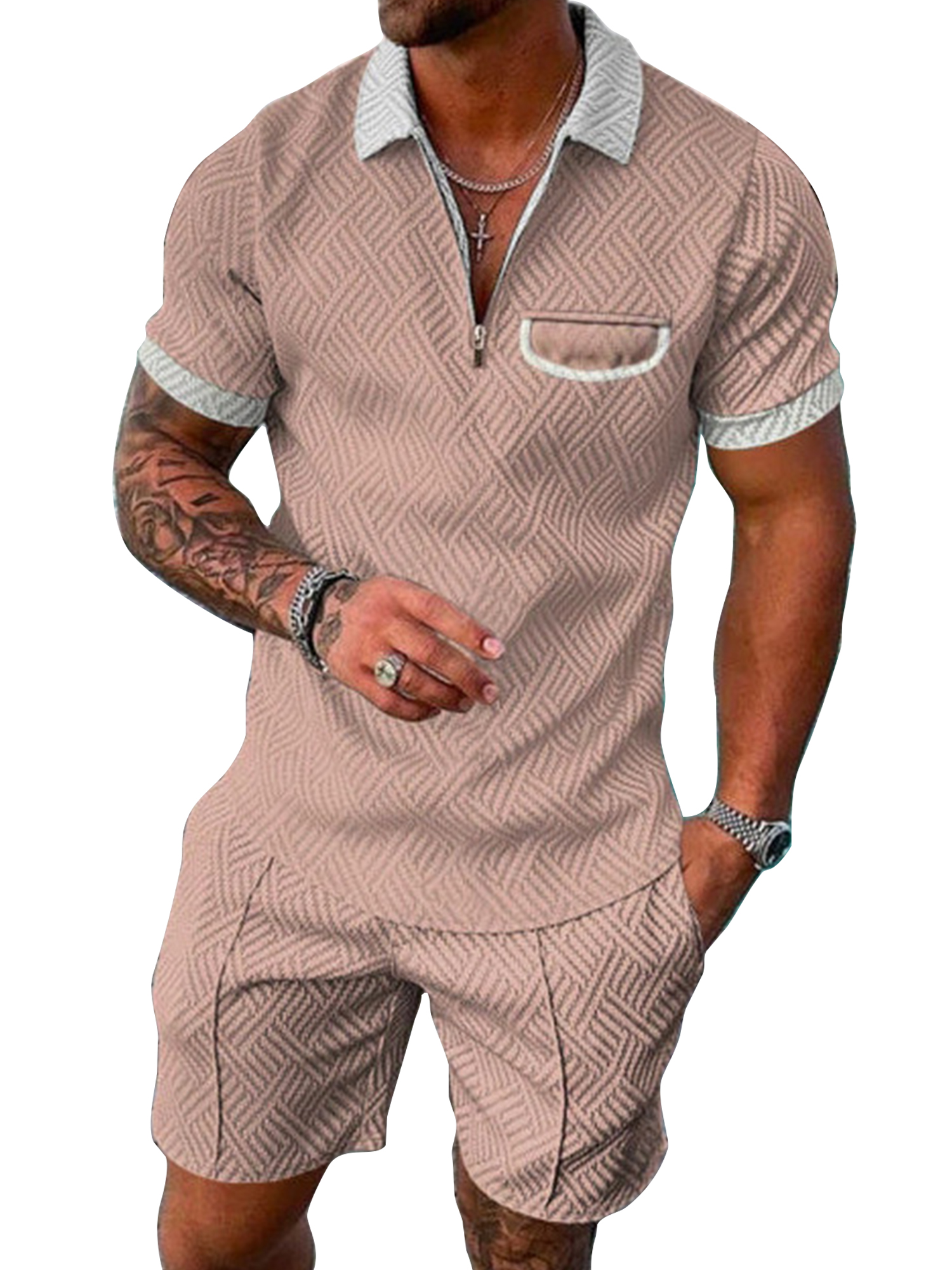 Paille Mens Loungewear Two Pieces Pajama Set Short Sleeve Sleepwear Pjs