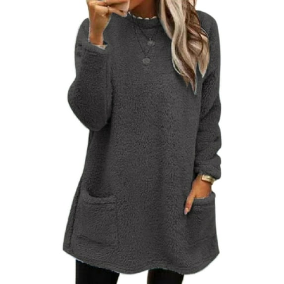 Paille Women Fuzzy Fleece Thicken Plush Tunic Blouse With Pockets Dailywear T-shirt Crew Neck Sport Pullover Tee Black Gray L