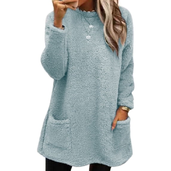 Paille Women Fuzzy Fleece Thicken Plush Tunic Blouse With Pockets Dailywear T-shirt Crew Neck Sport Pullover Tee Sky Blue 2XL