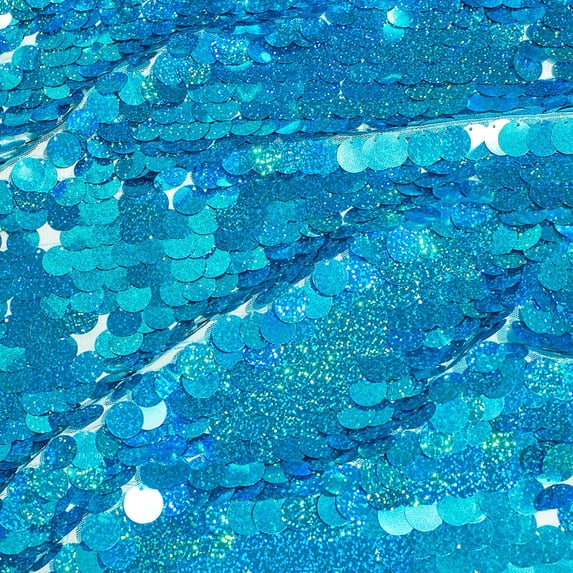 Paillette Sequins On Mesh Fabric 3/4 Inch Circles On Stretch Knit Polyester Net By The Yard - Holographic Turquoise (5 Yards)