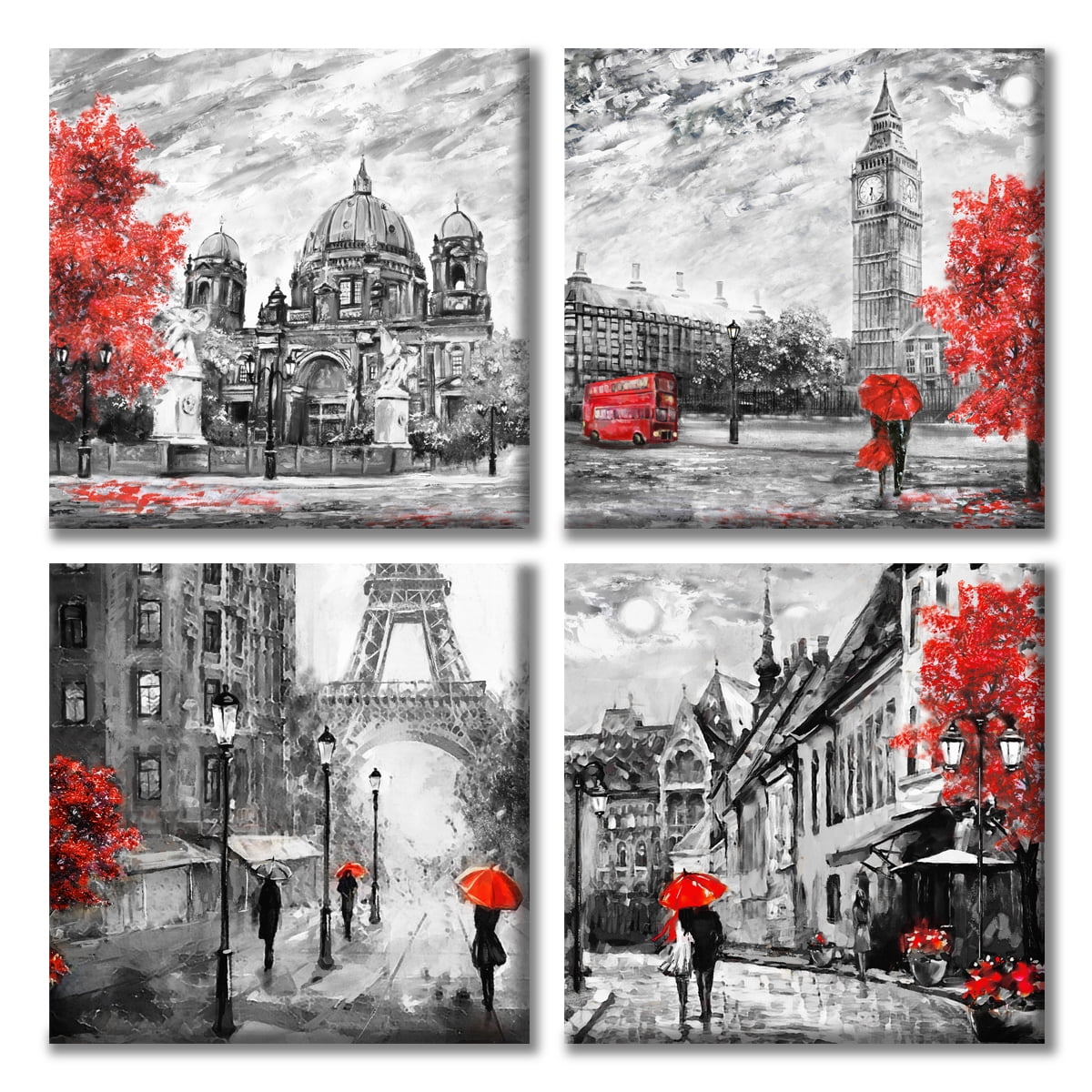 Paimuni Black White Red Wall Art Big Ben Eiffel Tower Berlin Street Romantic Picture Canvas