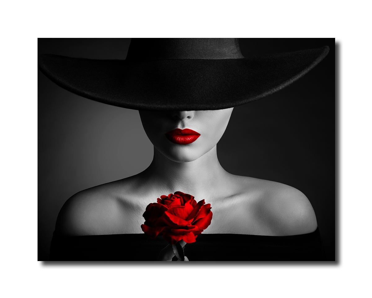 Paimuni Elegant Woman Canvas Wall Art Black White Red Rose Fashion ...