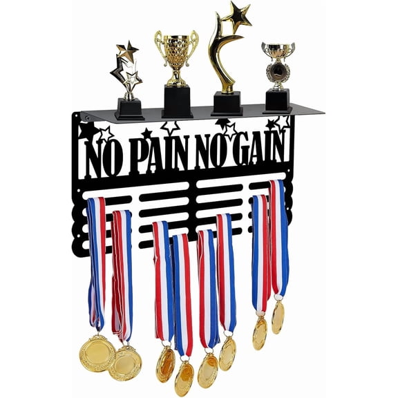 No Pain No Gain Trophy and Medal Display Shelf Stars Medal Hanger Display Trophy Shelf Sports Award Display Shelf for Wall Metal Wall Mount Award Ribbon Display for Athletes Black DIY