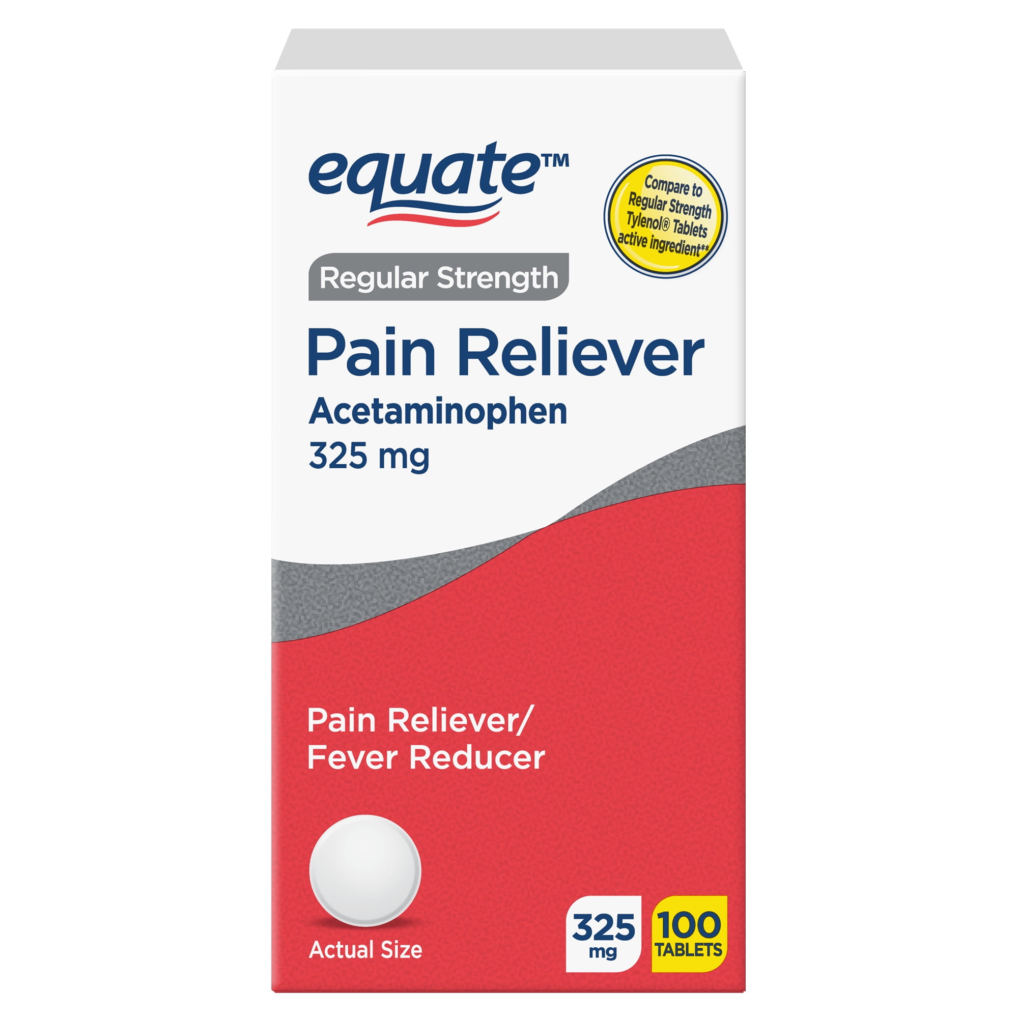 Equate Pain Relief, Acetaminophen Tablets 325 mg, Regular Strength, Pain Reliever and Fever Reducer, 100 Count
