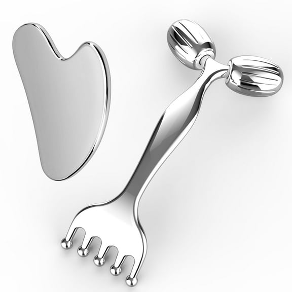 Pain Relief Massage Tool Set  Stainless Steel Gua Sha Scraper & Dual-Ended Face Roller for Muscle Tension, Circulation, and Myofascial Therapy  External Use for Jaw, Neck, Shoulders & Body Recovery