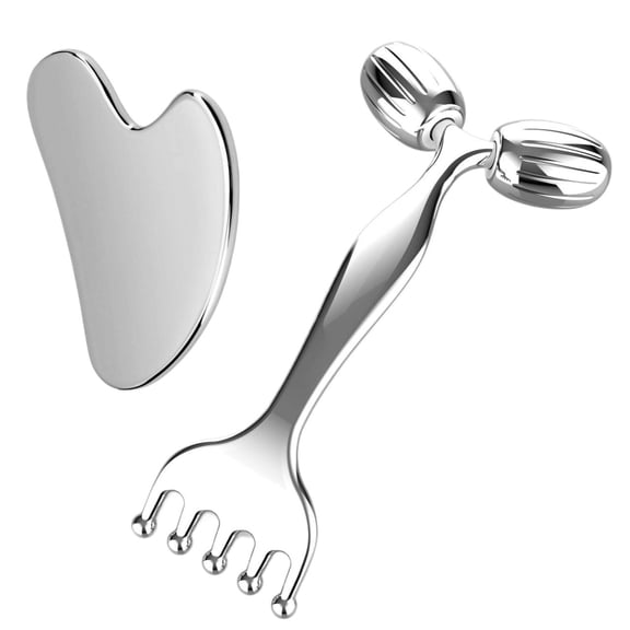 Pain Relief Massage Tool Set  Stainless Steel Gua Sha Scraper & Dual-Ended Face Roller for Muscle Tension, Circulation, and Myofascial Therapy  External Use for Jaw, Neck, Shoulders & Body Recovery