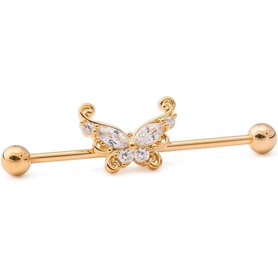 Painful Pleasures 14g 1-3/8” Gold-Plated Industrial Barbell with Curlicue Butterfly Charm