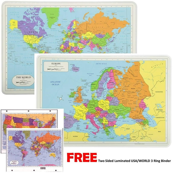Painless Learning Educational Placemats For Kids Laminated World and Europe Map Set Free Two Sided UNITED STATES/WORLD Maps 3-Ring Binder Washable