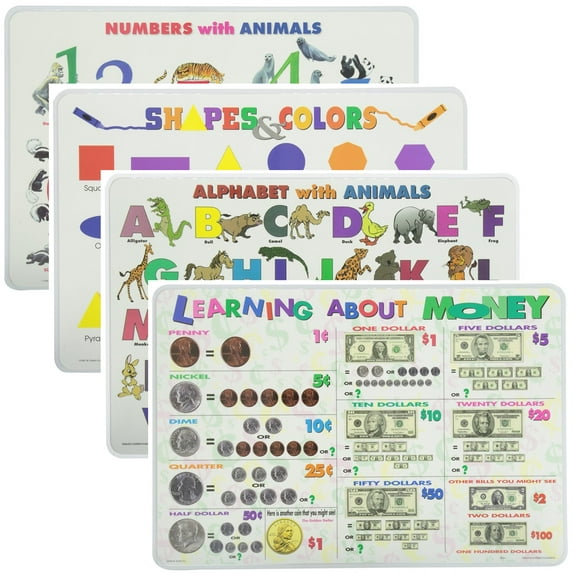 Painless Learning Educational Placemats Sets Learning About Money, Shapes and Colors, Alphabet with Animals and Numbers with Animals Placemat Non Slip Washable